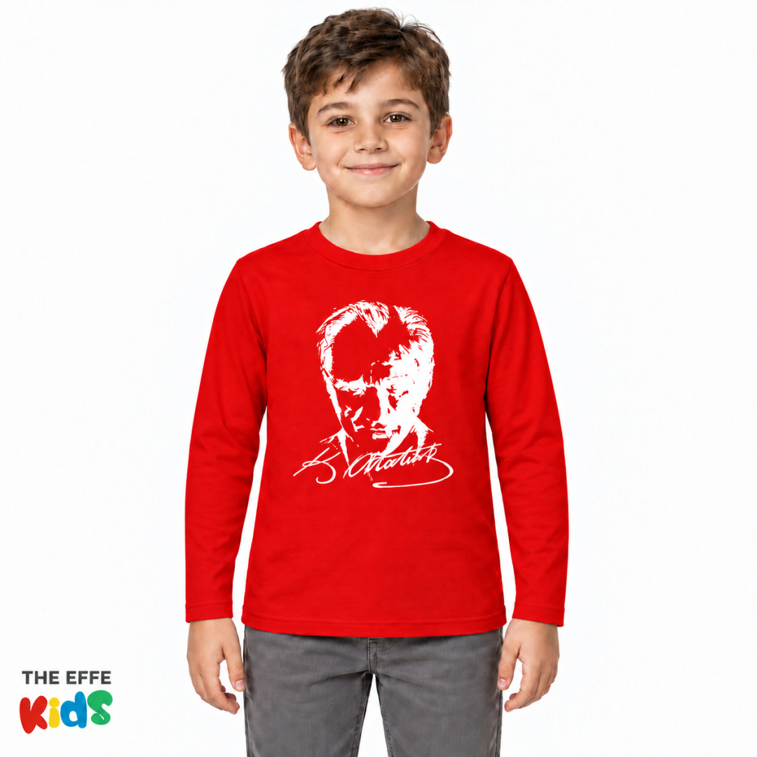 Atatürk Baskılı Çocuk Uzun Kollu Tişört Kırmızı