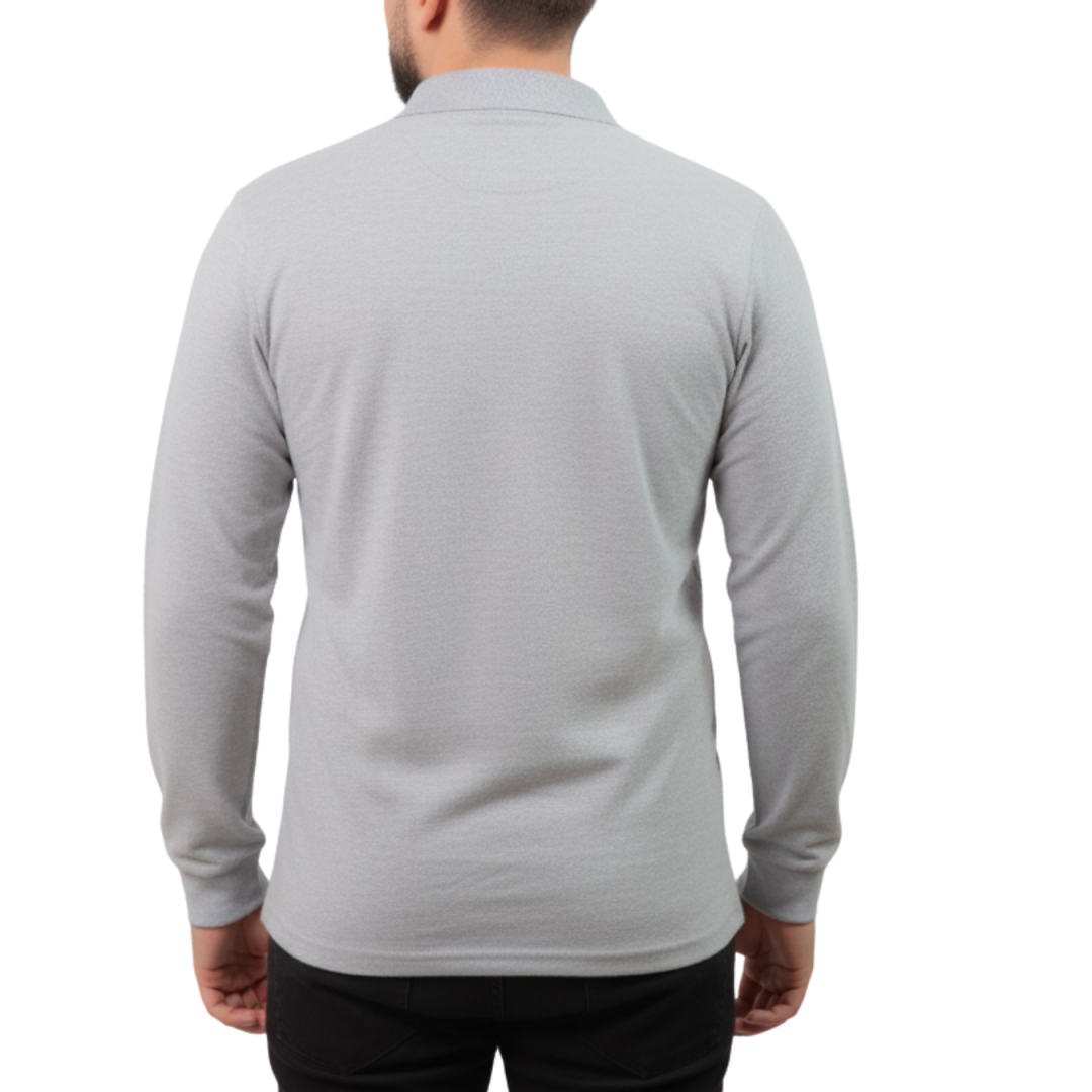 Baskılı Polo Yaka Uzun Kol T-shirt Gri - Basic Baskılı Polo Yaka Uzun Kol T-shirt Gri - Basic