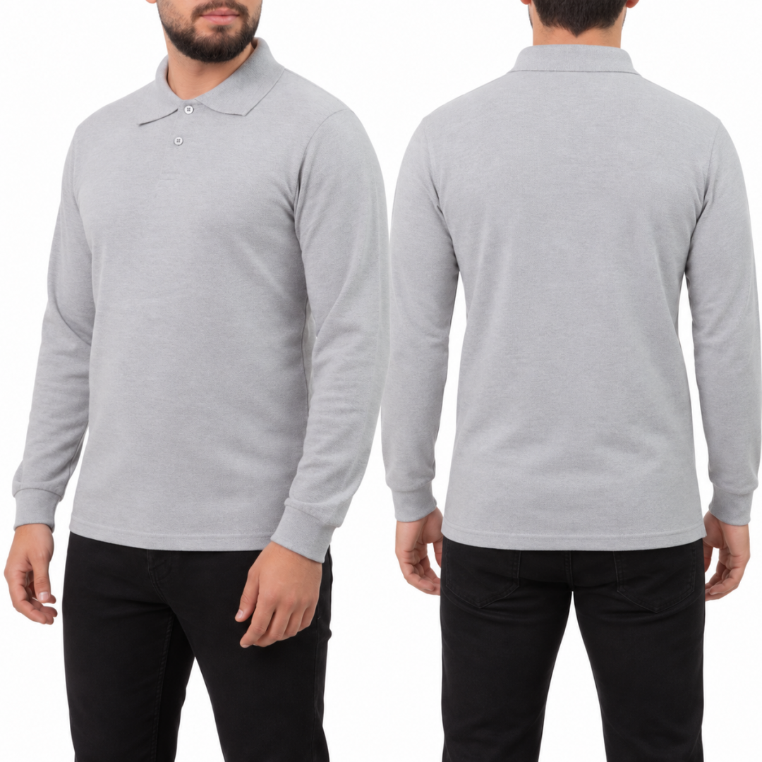 Baskılı Polo Yaka Uzun Kol T-shirt Gri - Premium