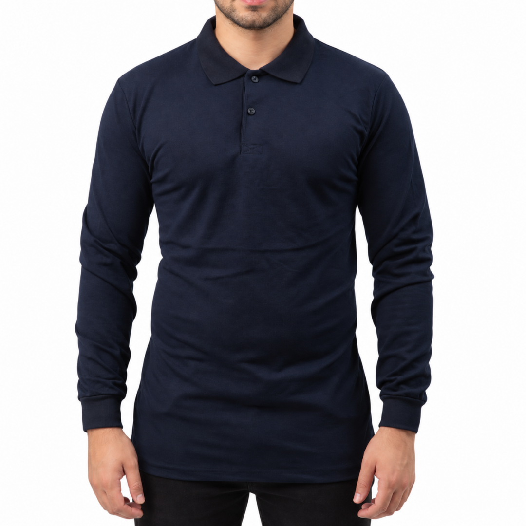 Baskılı Polo Yaka Uzun Kol T-shirt Lacivert - Premium