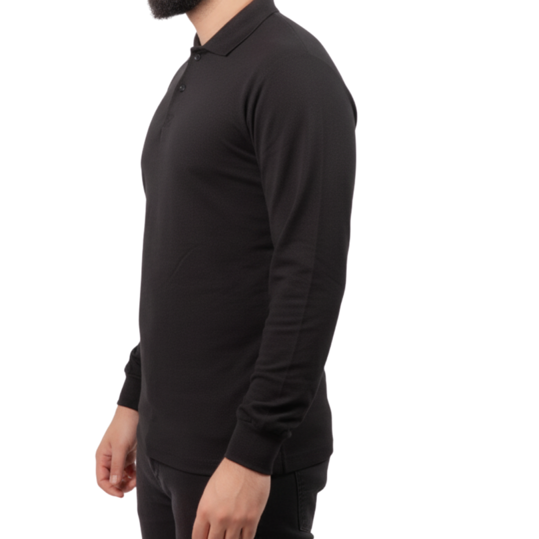 Baskılı Polo Yaka Uzun Kol T-shirt Siyah - Basic Baskılı Polo Yaka Uzun Kol T-shirt Siyah - Basic