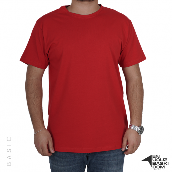 Baskılı Sıfır Yaka Basic Tişört Kırmızı - TOPTAN (10 Adet)
