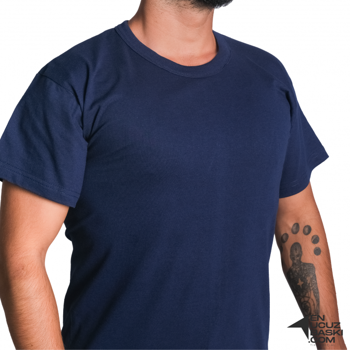 Baskılı Sıfır Yaka Basic Tişört Lacivert - TOPTAN (10 Adet)