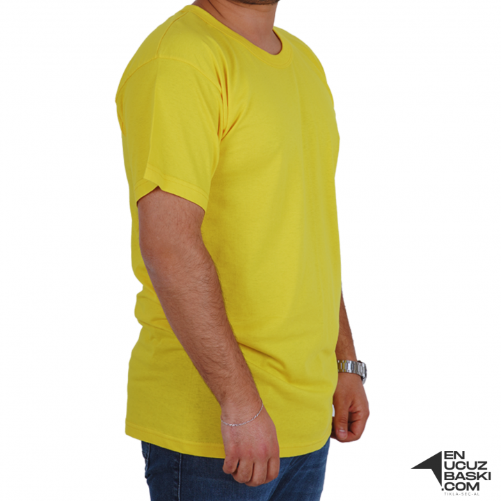 Baskılı Sıfır Yaka Basic Tişört Sarı - TOPTAN (10 Adet)