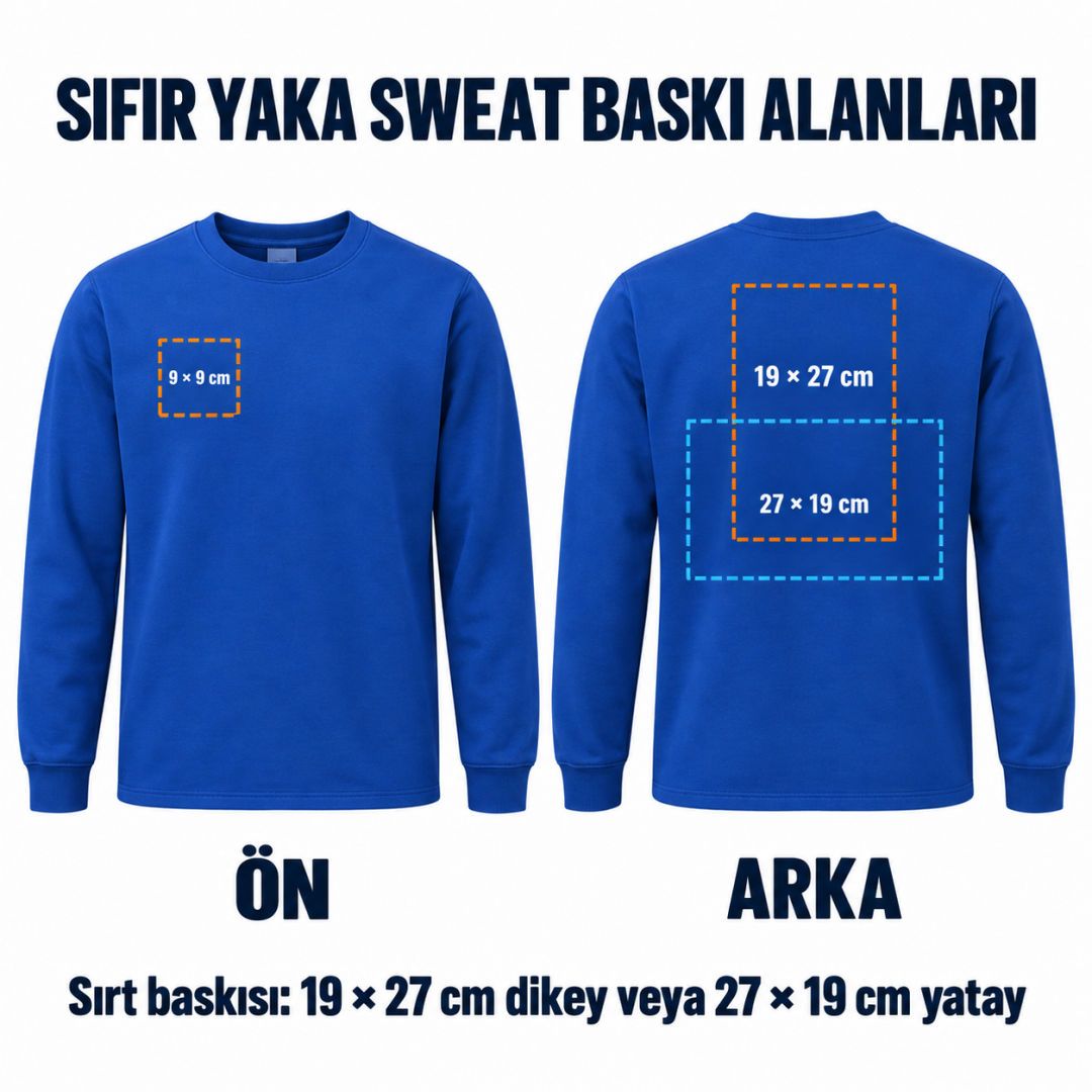 Baskılı Sıfır Yaka Sweat Saks Mavi