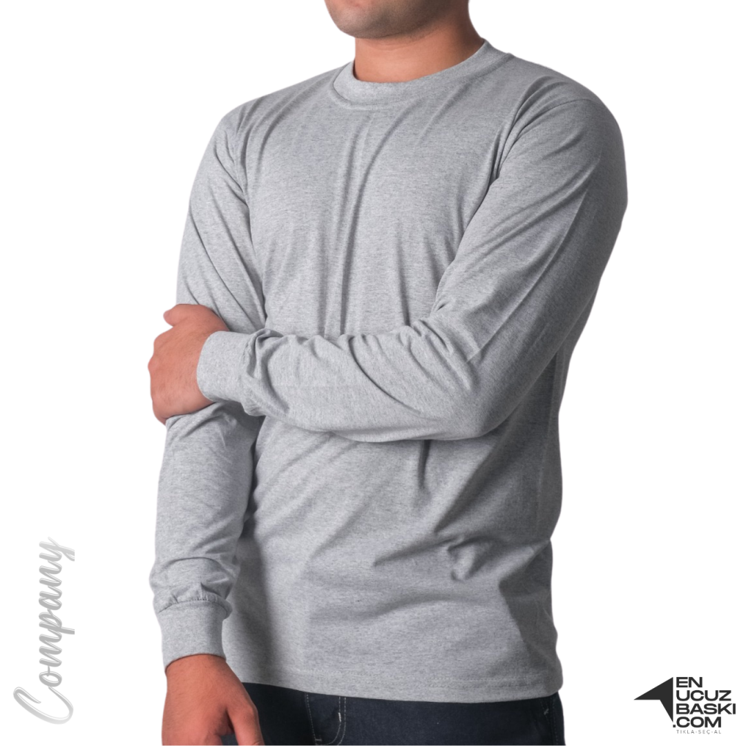 Baskılı Sıfır Yaka Uzun Kol T-shirt Gri - Company Baskılı Sıfır Yaka Uzun Kol T-shirt Gri - Company