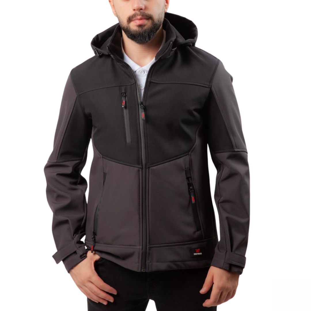 Baskılı Softshell Mont Kapşonlu / Siyah Gri -  İş Kıyafeti