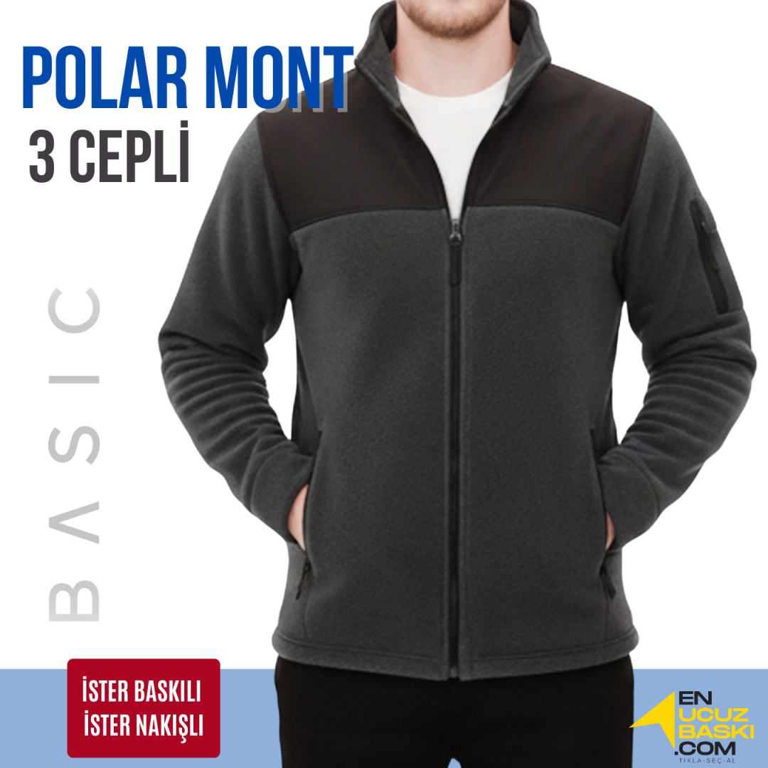 Baskılı Softshelli Polar Mont 3 Cepli / Gri İş Kıyafeti