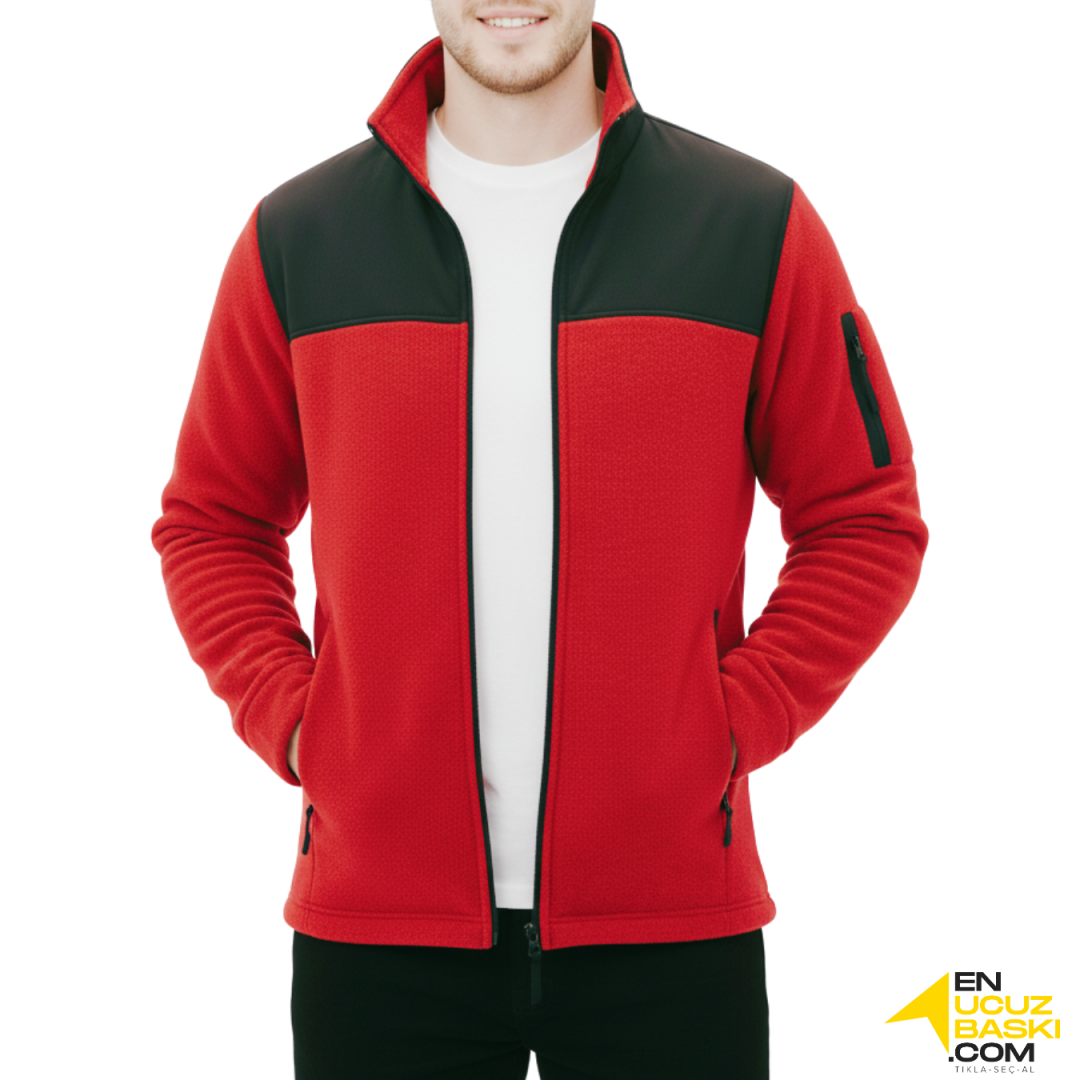 Baskılı Softshelli Polar Mont 3 Cepli / Kırmızı İş Kıyafeti