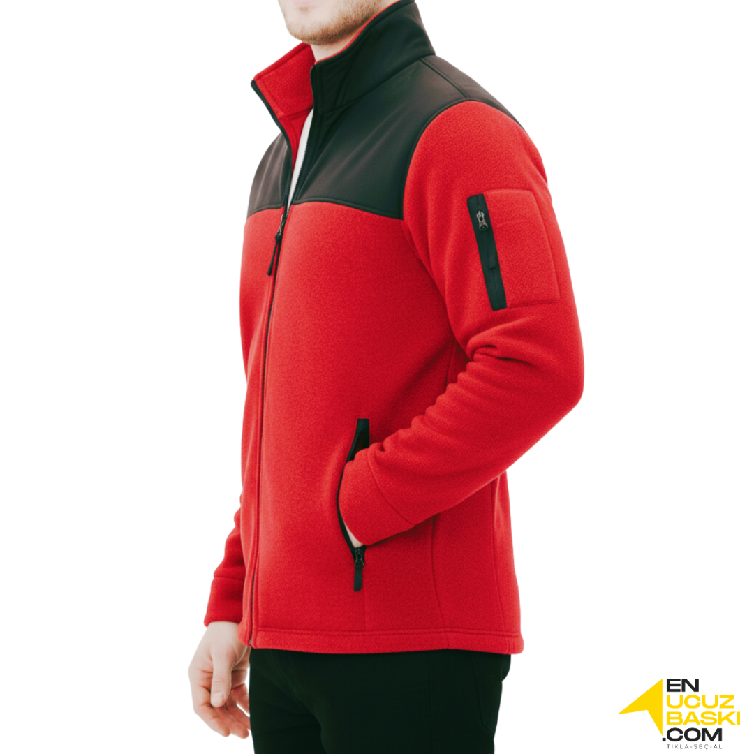 Baskılı Softshelli Polar Mont 3 Cepli / Kırmızı İş Kıyafeti