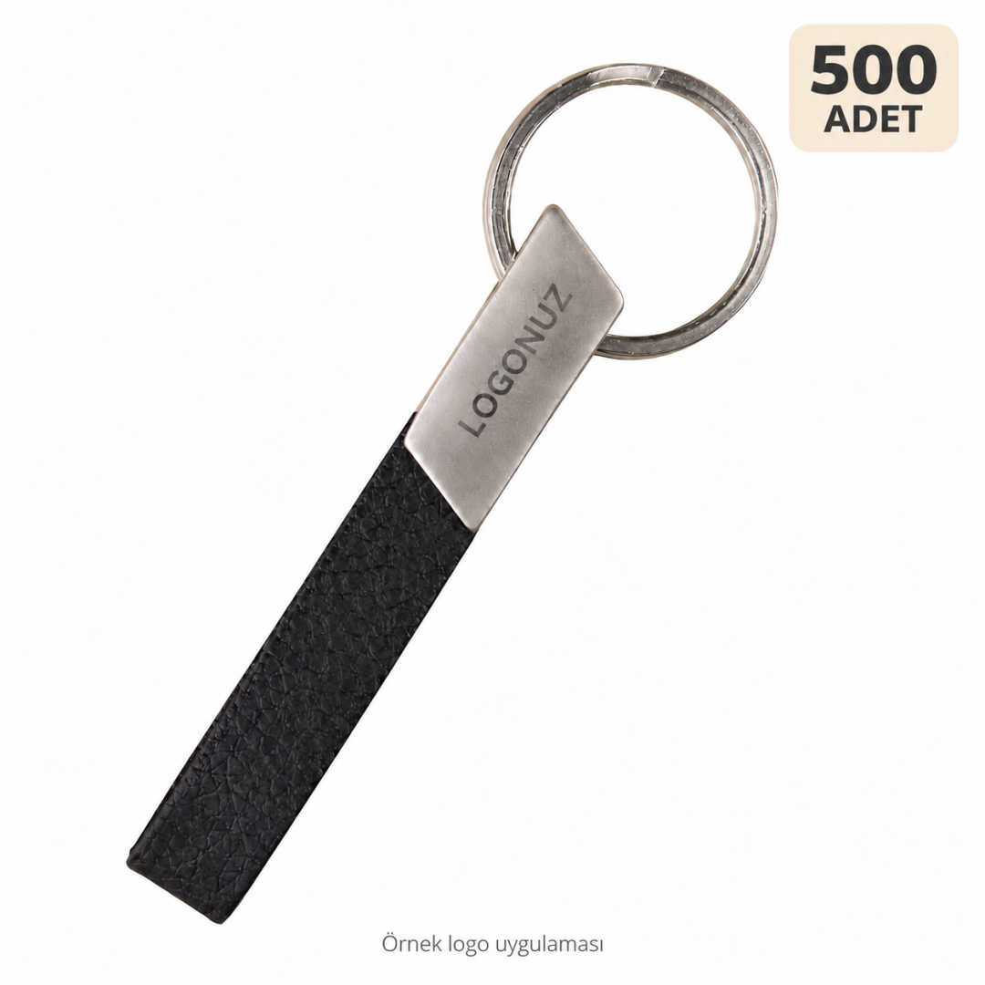 Logo Baskılı Singan Siyah Metal Deri Anahtarlık - 500 Adet