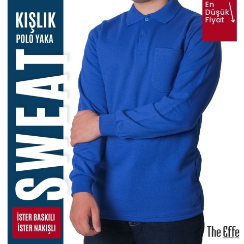 Baskılı Polo Yaka Sweat Saks Mavi