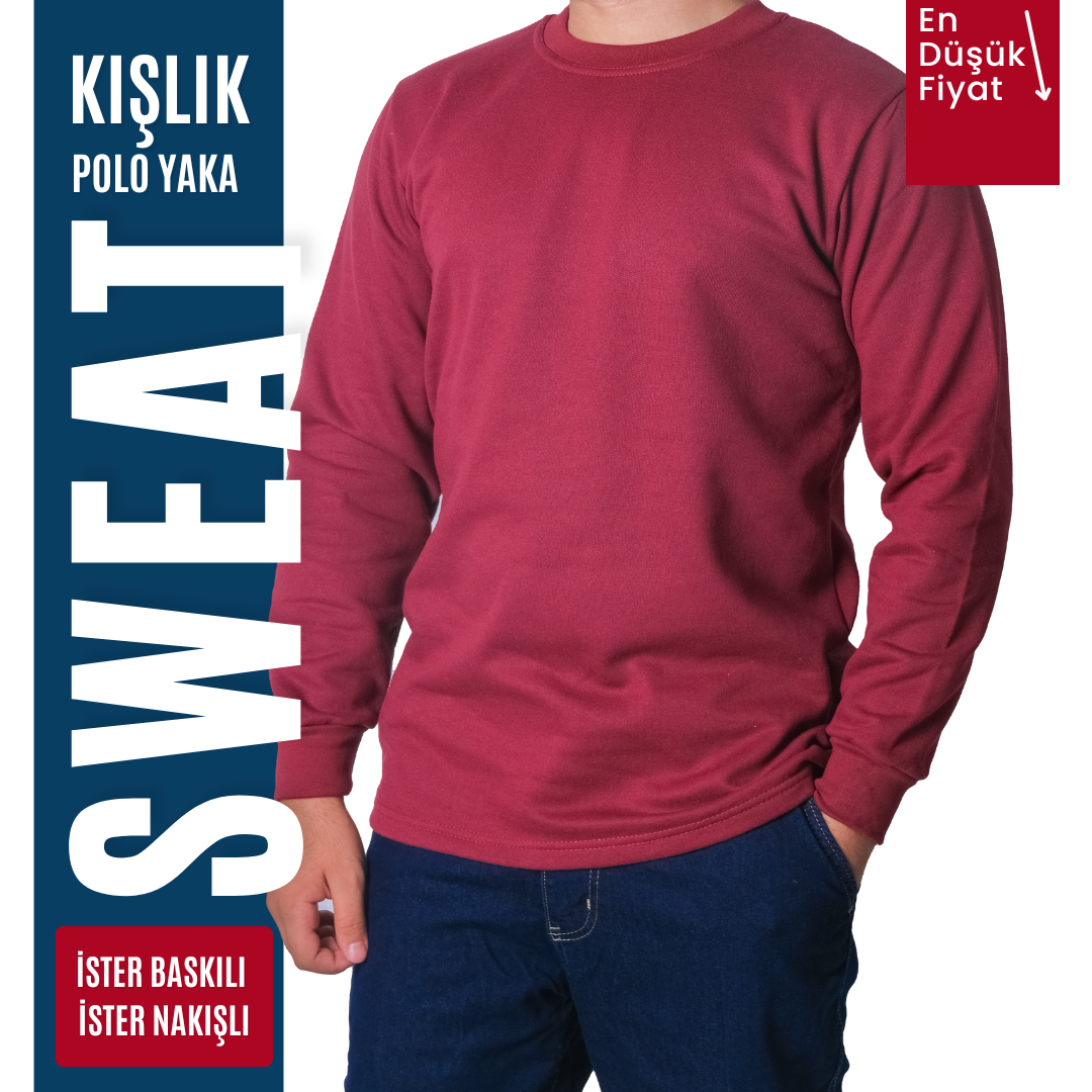 Baskılı Sıfır Yaka Sweat Bordo