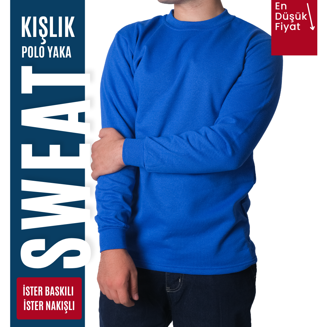 Baskılı Sıfır Yaka Sweat Saks Mavi Baskılı Sıfır Yaka Sweat Saks Mavi