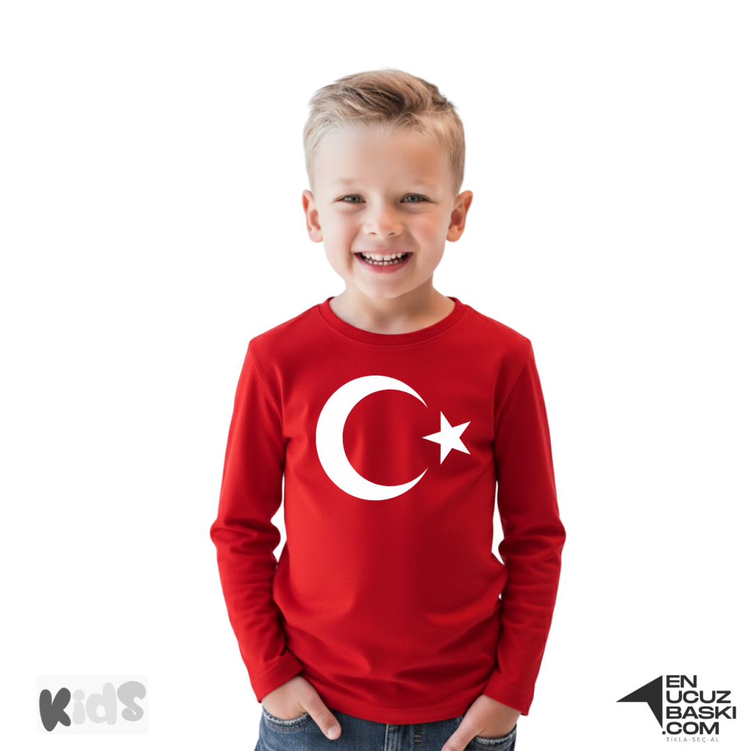 Sıfır Yaka Tişört Çocuk Uzun Kollu Kırmızı