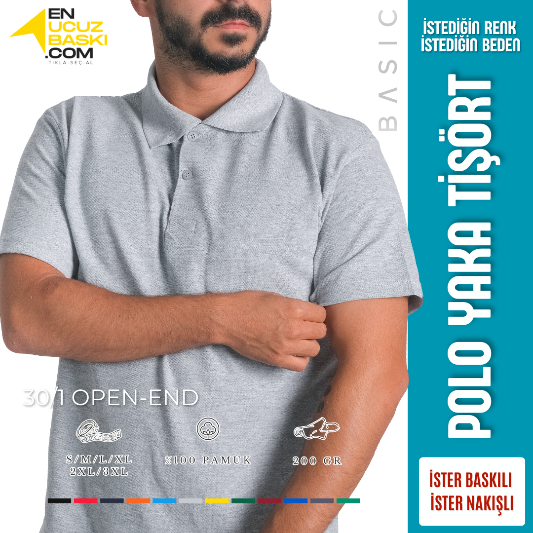 Baskılı Polo Yaka Tişört Basic Gri Baskılı Polo Yaka Tişört Basic Gri