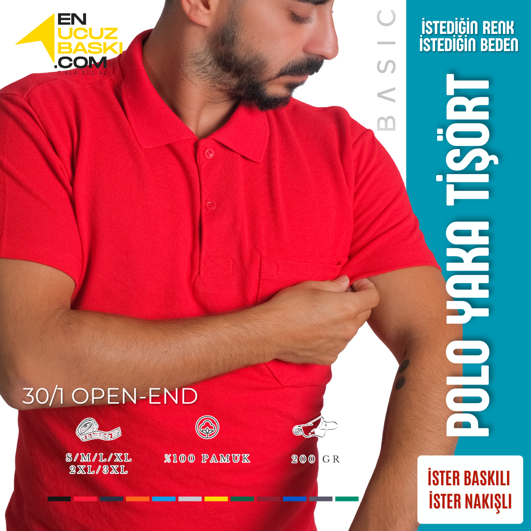 Baskılı Polo Yaka Tişört Basic Kırmızı Baskılı Polo Yaka Tişört Basic Kırmızı