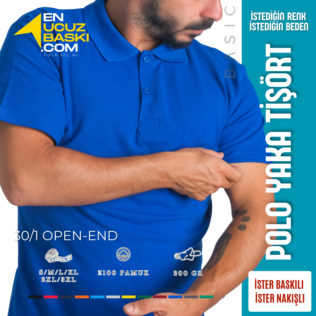 Baskılı Polo Yaka Tişört Basic Saks Mavi Baskılı Polo Yaka Tişört Basic Saks Mavi