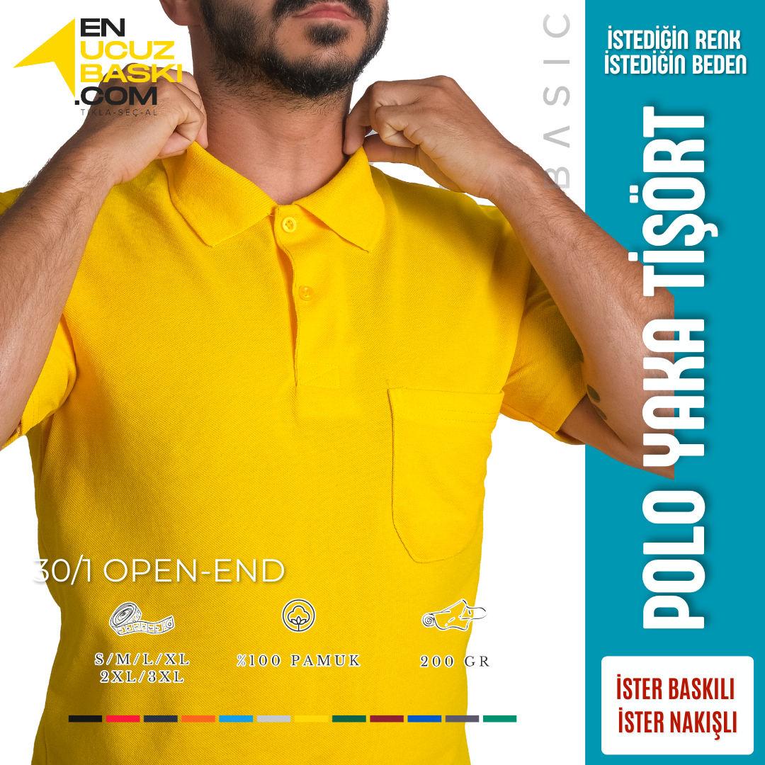 Baskılı Polo Yaka Tişört Basic Sarı Baskılı Polo Yaka Tişört Basic Sarı