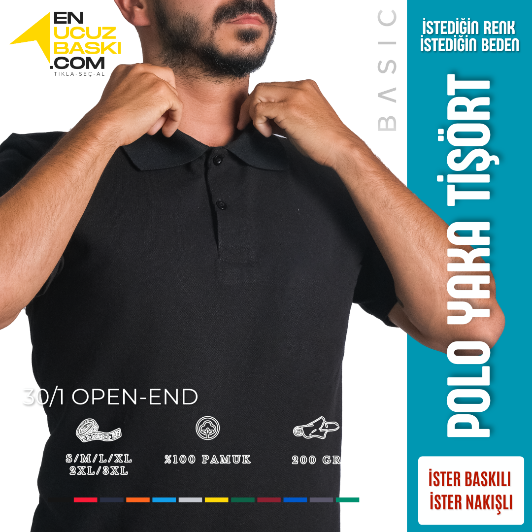 Baskılı Polo Yaka Tişört Basic Siyah
