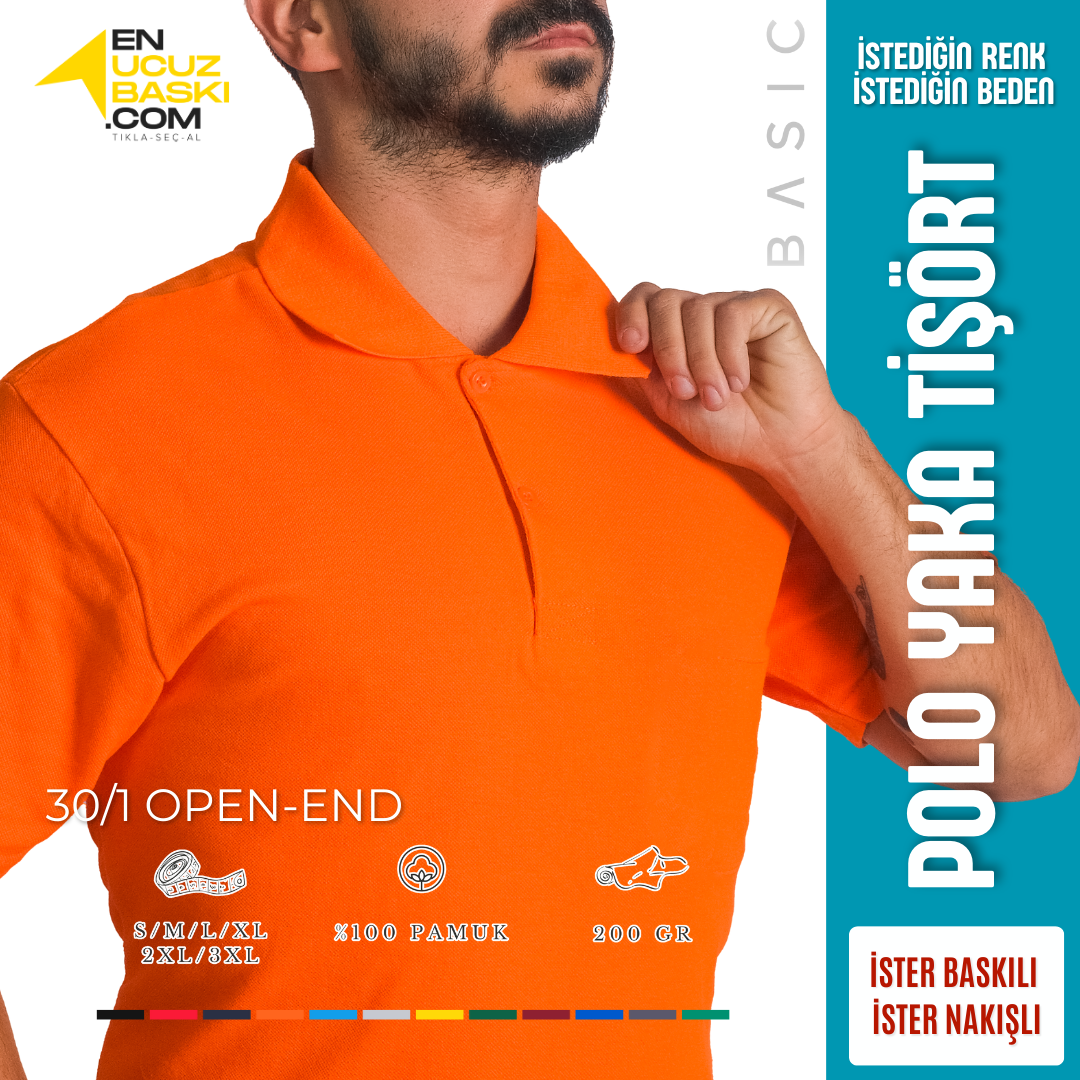 Baskılı Polo Yaka Tişört Basic Turuncu Baskılı Polo Yaka Tişört Basic Turuncu
