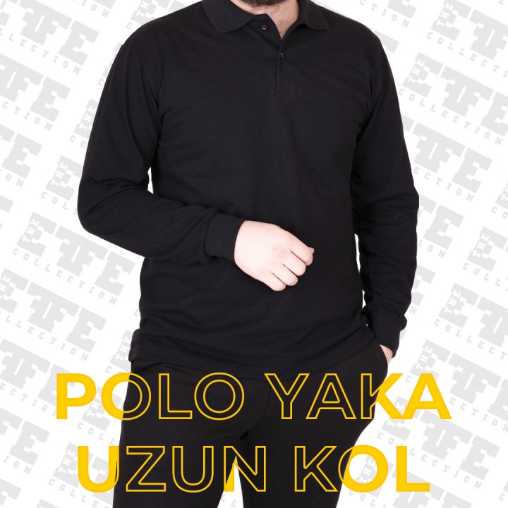 Basic  Polo Yaka Tişört Uzun Kol Siyah