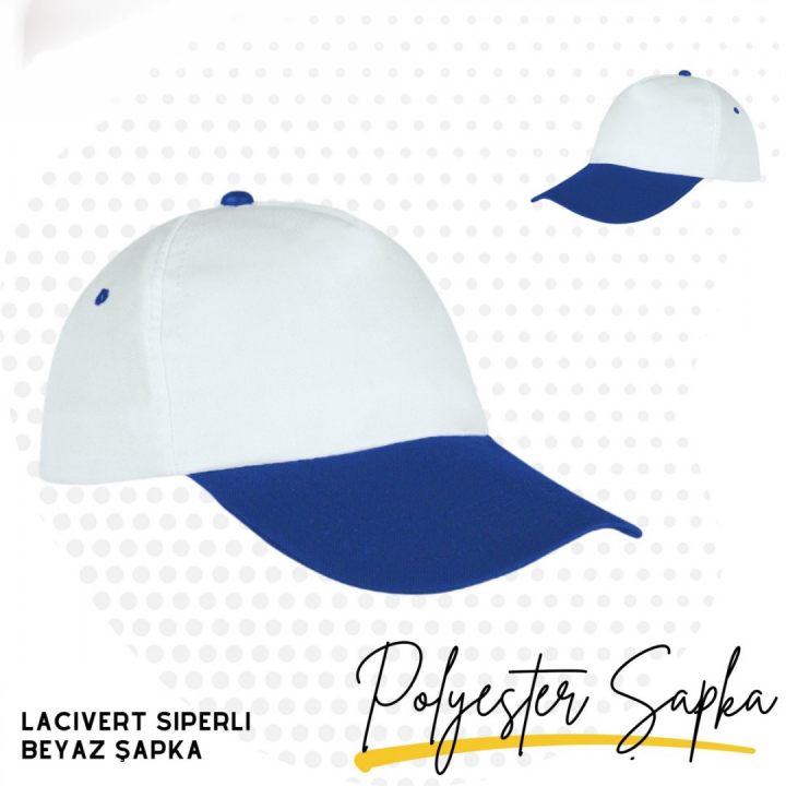 Baskılı Polyester Şapka Lacivert Siperli Beyaz