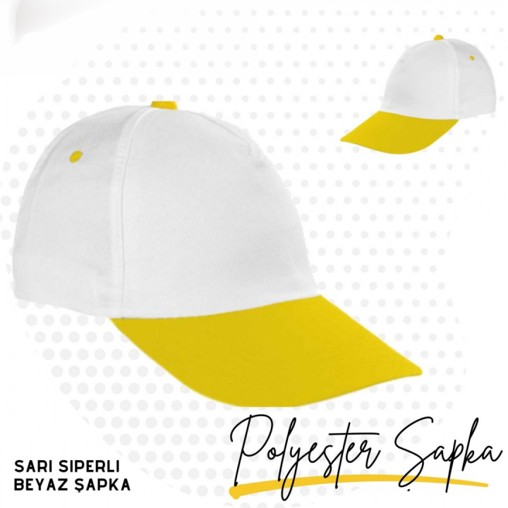 Baskılı Polyester Şapka Sarı Siperli Beyaz