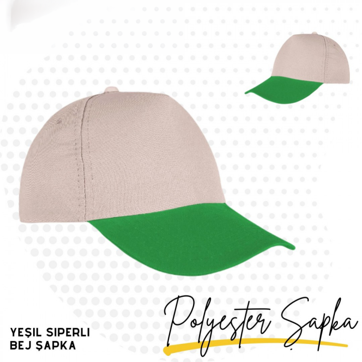 Baskılı Polyester Şapka Yeşil Siperli Beyaz