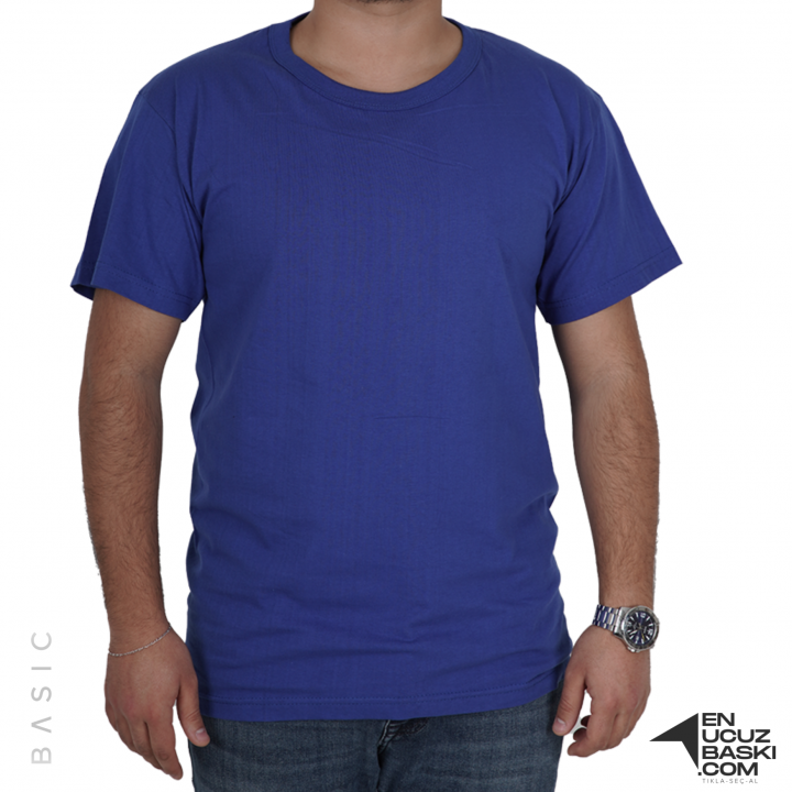 Baskılı Sıfır Yaka Basic Tişört Saks Mavi - TOPTAN (10 Adet)