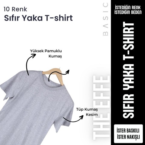 Baskılı Sıfır Yaka Basic Tişört Saks Mavi