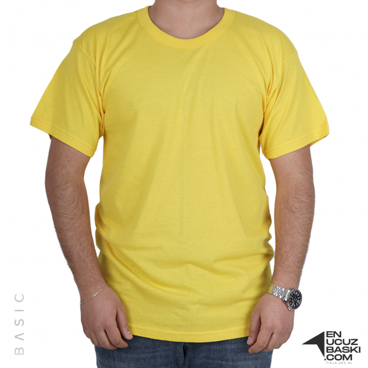 Baskılı Sıfır Yaka Basic Tişört Sarı - TOPTAN (10 Adet)