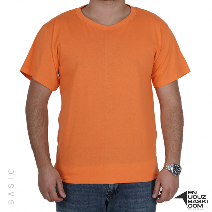 Baskılı Sıfır Yaka Basic Tişört Turuncu - TOPTAN (10 Adet)