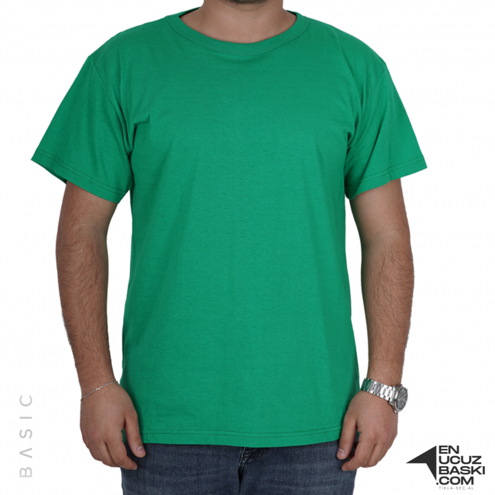 Baskılı Sıfır Yaka Basic Tişört Yeşil - TOPTAN (10 Adet)