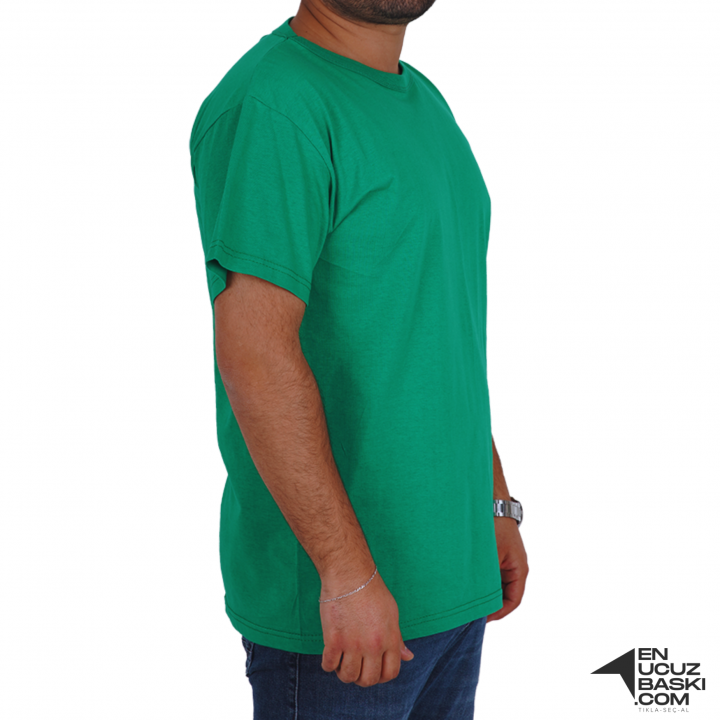 Baskılı Sıfır Yaka Basic Tişört Yeşil - TOPTAN (10 Adet)