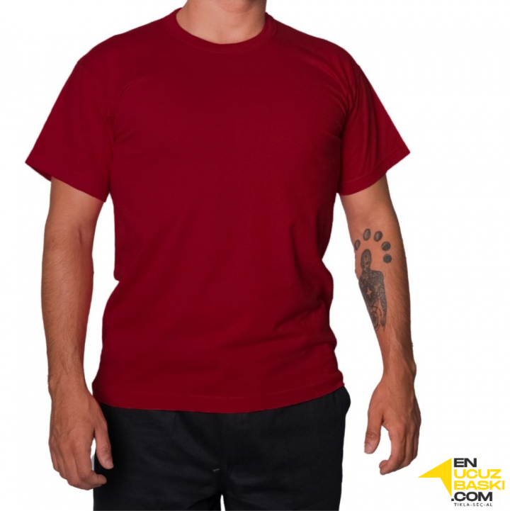 Baskılı Sıfır Yaka Company Tişört Bordo - TOPTAN (10 Adet)