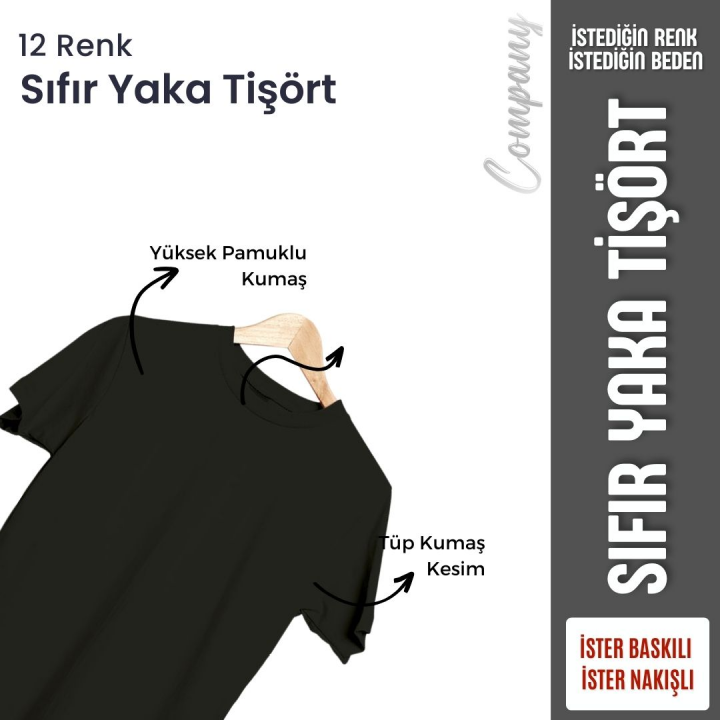Baskılı Sıfır Yaka Company Tişört Siyah- TOPTAN (10 Adet)