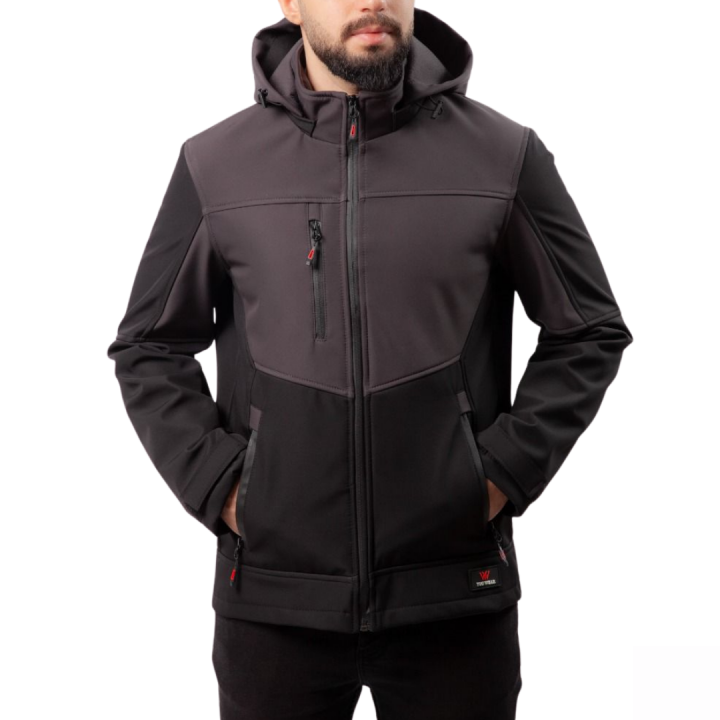 Baskılı Softshell Mont Kapşonlu / Gri Siyah -  İş Kıyafeti