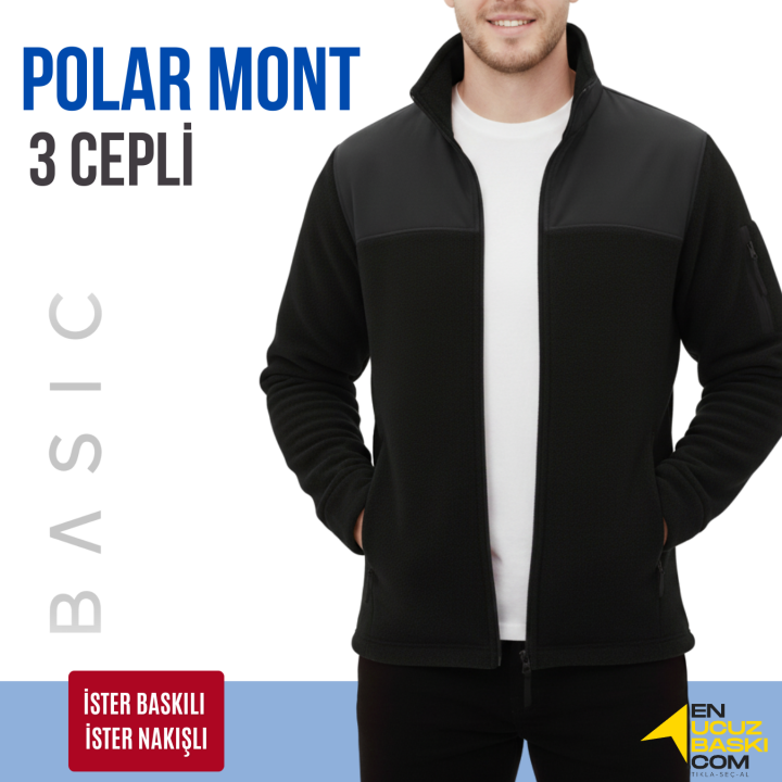 Baskılı Softshelli Polar Mont 3 Cepli / Siyah İş Kıyafeti
