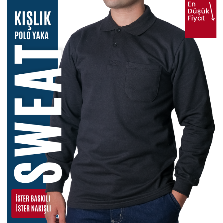 Baskılı Polo Yaka Sweat Siyah