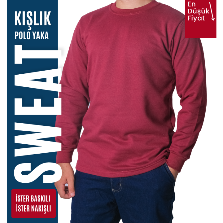 Baskılı Sıfır Yaka Sweat Bordo