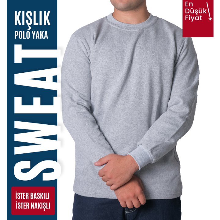 Baskılı Sıfır Yaka Sweat Gri